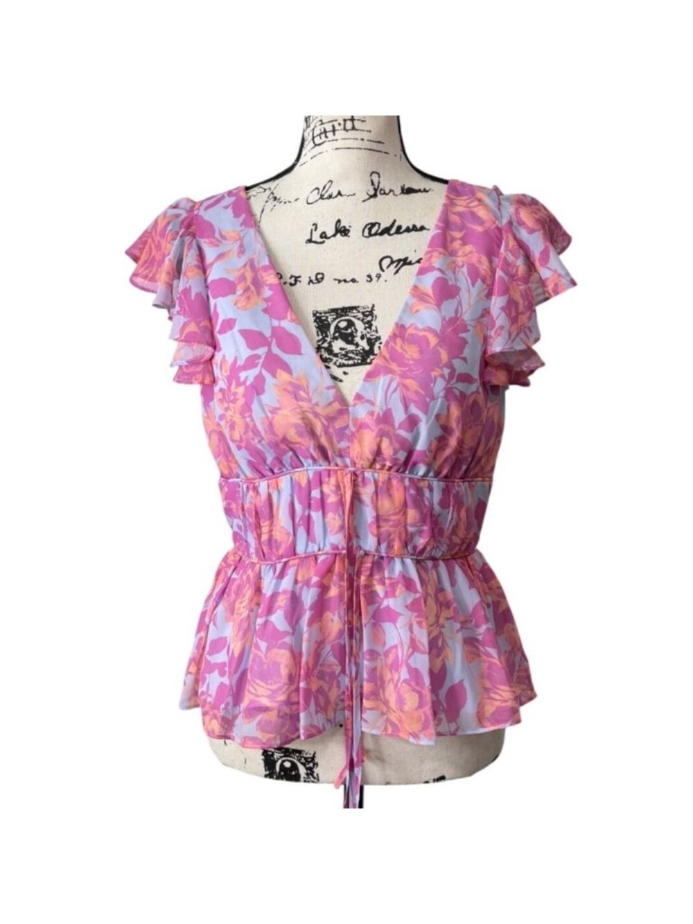 Amanda Uprichard Womens Size M Peplum Top Ruffle-Sleeve Floral Pink Blue Summer